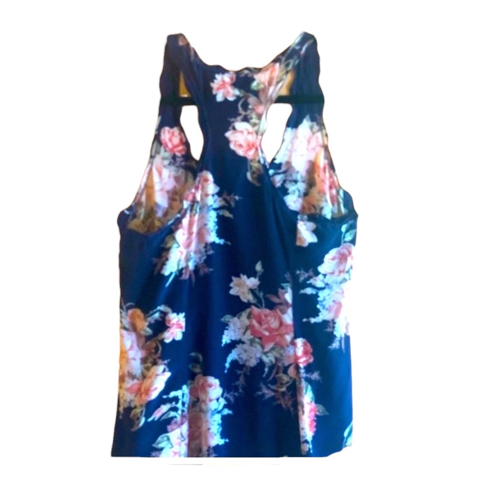 Joie racer back Navy Floral Silk Tank Top Blouse with feminine scallop d…